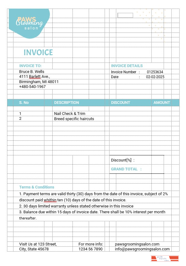 Pet Grooming Invoice Template PSD template